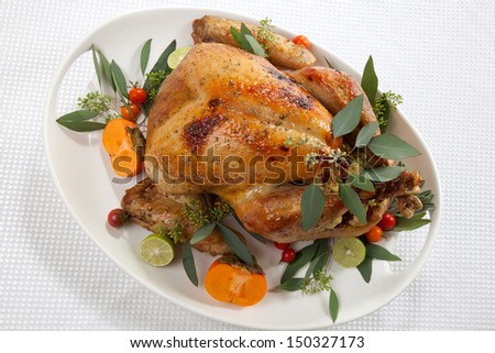 Garnished roasted turkey with tropical fruits over white background for Thanksgiving