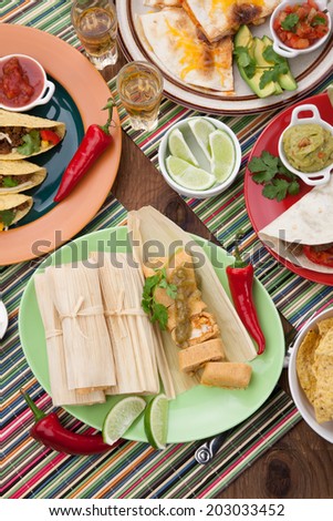 Assorted Mexican dishes, with chicken tamales with green salsa as the main subject.