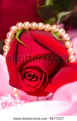 Romantic way to present a jewelry with beautiful rose on Valentine day.