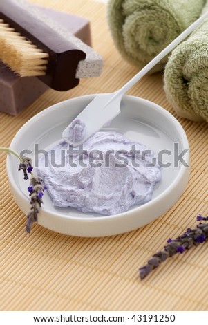 Spa set - fresh lavender, organic lavender scrub and soap on bamboo mat. Best suited for relaxing and health commercials