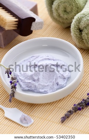Spa set - fresh lavender, organic lavender scrub and soap on bamboo mat. Best suited for relaxing and health commercials