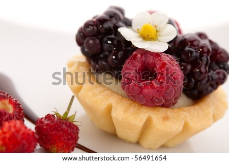 Closeup of delicious berry cake garnished with fresh wild strawberries