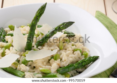 Vegetarian Risotto with asparagus, edamame, and Parmesan cheese.