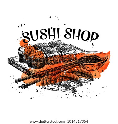 Vector hand drawn sushi set. Japanese food sketch illustration for sushi rolls bar menu, banner, flyer, card and etc.