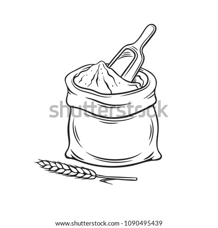 Hand drawn bag of flour , shovel and ears of wheat. Sketch retro vector illustration.