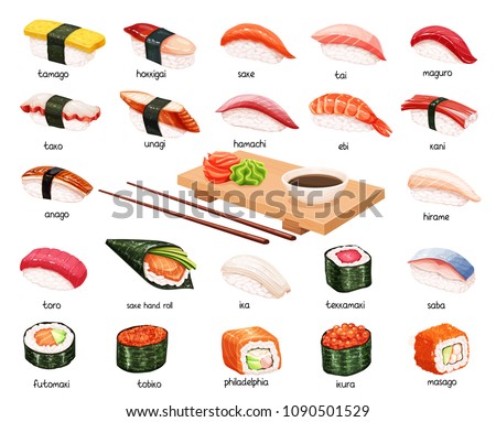 Vector set japanese food illustration for seafood sushi rolls shop design. Sushi icons.