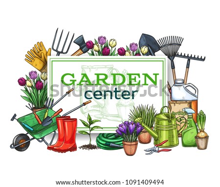Vector hand drawn gardening poster with tools, flowers, rubber boots, seedling, tulips, gardening can and cutter. Fertilizer, glove, crocus, insecticide and etc. for design garden center. Sketch style