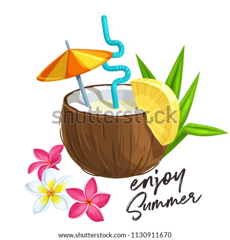 Pina colada cocktail in coconut with slice of pineapple and umbrella, tropical flowers of plumeria. Vector illustration in cartoon style.