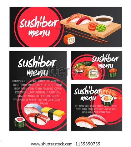 Vector banners japanese sushi roll for design seafood sushi bar. Asian cuisine promotion posters.