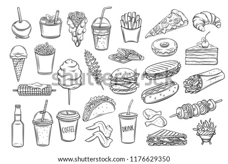 Street food icons set. Takeaway meals bubble waffles, hong kong, spiral potato chips, lemonade and apples in caramel. Retro vector illustration fast food french fries, hamburger, tacos and barbecue