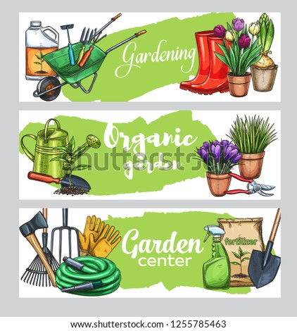 Gardening banners with tools, flowers, rubber boots, seedling, tulips, gardening can and cutter. Wheelbarrow and watering hose and etc. for design garden center. Vetor illustration, sketch style.