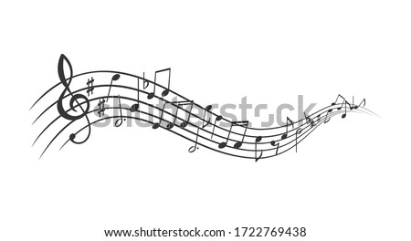 Music notes banner. Monochrome musical notes waves, sound backdrop. Vector illustration.