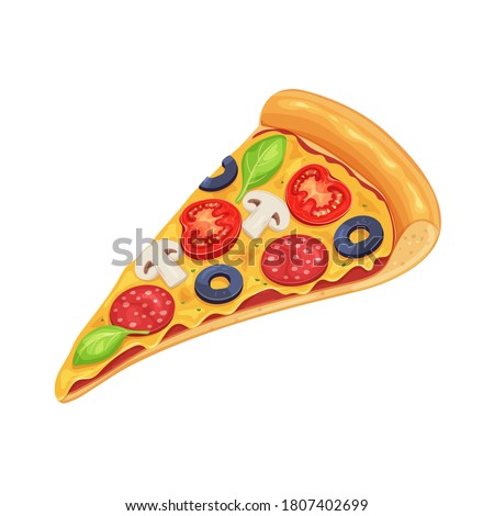 Slice of pizza with tomato, pepperoni and mushrooms. Cartoon italian pizza for menu cafe design. Vector illustration.