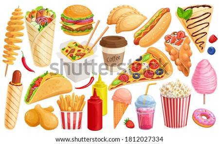 Fast food cartoon icon set. Hamburger, hot dog, shawarma, wok noodles, pizza and others for takeaway cafe design. Vector illustration of street food flat style.