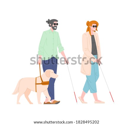 Blind guy and girl with guide dog isolated on white background. Stylish couple characters with blindness or visual impairment and service animal. Colorful vector illustration in flat cartoon style