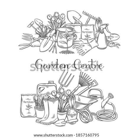 Gardening tools banners vector outline hand drawn monochrome for design garden center. Horticulture equipment, pots flowers, wheelbarrow, watering can, shovel, rake, gloves, etc.