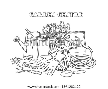 Gardening tools vector outline hand drawn monochrome banner for design garden center. Horticulture equipment, pots flowers, wheelbarrow, watering can, shovel, rake, gloves, etc.