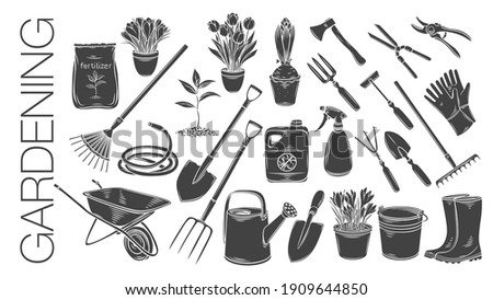 Gardening tools and plants or flowers glyph icons. Monochrome vector of rubber boots, seedling, tulips, gardening can and cutter. Fertilizer, glove, crocus, insecticide, wheelbarrow and watering hose.