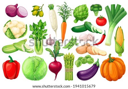 Vegetables icons set in cartoon style. Fresh vegan veggies artichoke, leek, corn, garlic, cucumber. Raw vegetable pepper, onion, celery, asparagus, cabbage and ets.