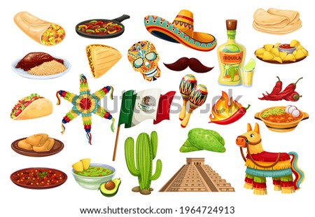 Mexico icons carnival Cinco de mayo vector, Mexican cuisine, traditional holiday fiesta food and festival symbols travel elements illustration. Pinata, burrito, fajitas, cactus, sombrero, flag and ets