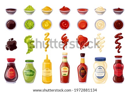 Sauces bottle and bowls, soy sauce, ketchup, mayonnaise, wasabi, hot chili, mustard, bbq, splash strips, drops and spots. Vector illustration.