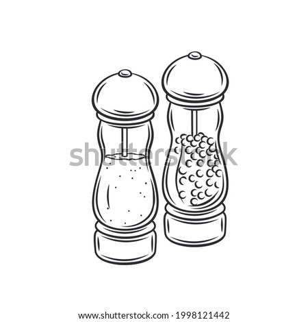 Salt and pepper grinder, spice shaker, black pepper mill outline vector icon, drawing monochrome illustration.