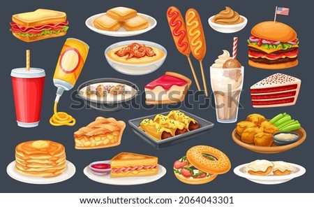 American food icon. Red velvet cake, grits, monte cristo sandwich, pancakes, maple and spray cheese. Corn dog, clam chowder, biscuits and gravy, apple pie, blt, sandwich and buffalo wings vector.