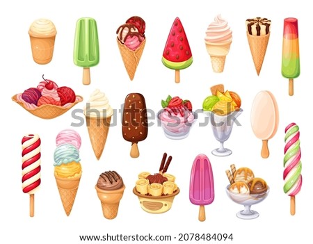 Ice cream icons of wafer cone balls  with whipped cream, twisted fruit ice cream on stick, popsicle on stick in chocolate glaze, Thai ice cream roll with waffle and ets. Cartoon vector illustration.