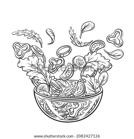 Salad falling into bowl outline hand drawn vector illustration.. Flying salad with red tomatoes, pepper, cucumber, spinach and lettuce concept cooking