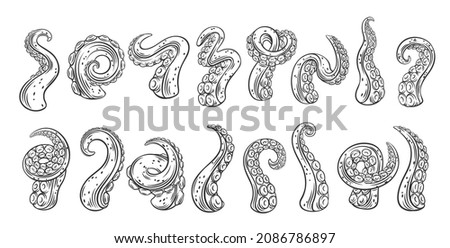 Octopus tentacles outline icons. Monochrome limbs of the sea monster kraken. Set of sea octopus twisted tentacles with suckers vector illustration.