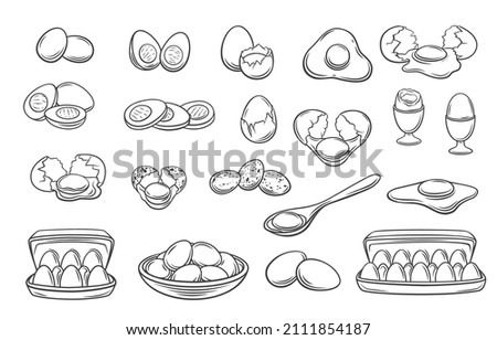 Fresh and boiled eggs, outline icons. Simple engraving broken chicken and quail eggs with cracked eggshell, in cardboard box and in bowl, drawn boiled eggs half and slices vector illustration.
