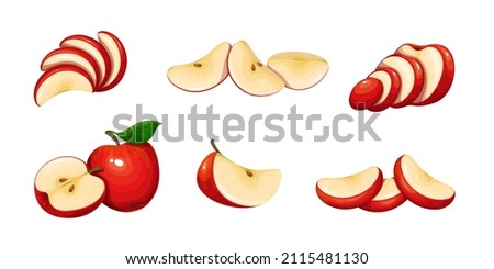 Red apple with green leaf and half apple, fruit slices and pieces in cartoon style. Healthy vegetarian snack food fruit, vector illustration