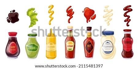 Sauces bottle, soy sauce, ketchup, mayonnaise, wasabi, hot chili, mustard, bbq, splash strips, drops and spots. Vector illustration.