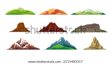 Mountains, valley, sand dunes, hills, volcano, canyon, mountains, cliff mountain peak and hill top. Nature and camping landscape, hiking vector illustration. Outdoor travel, climbing camping travel.