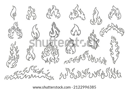 Fire and flames outline icon set. Contour bonfire, linear flaming elements. Hand drawn monochrome different fire flame vector illustration.