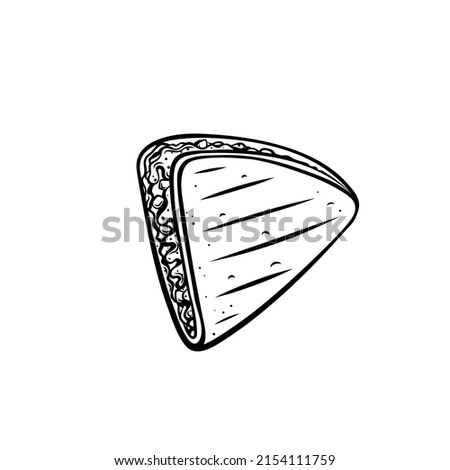 Chicken quesadillas with paprika and cheese drawn icon, traditional mexican dish. Monochrome outline vector illustration in retro style .