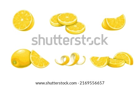 Lemon set vector illustration. Cartoon whole summer citrus fruit, cut in half, lemon slices and pieces for lemonade, yellow swirl zest, isolated fresh and sour food ingredient for cooking and eating
