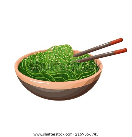 Chuka, wakame or kombu, vegan Japanese seaweed food vector illustration. Cartoon isolated chopsticks, bowl with green kelp salad and sesame, healthy organic vegetarian ingredient for Japan cuisine