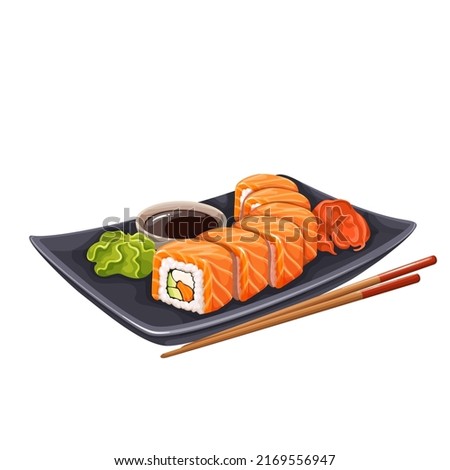 Sushi, Japanese food menu vector illustration. Cartoon isolated plate with chopsticks and rolls with rice, salmon for eating with soy sauce, wasabi and ginger in sushi bar or Japan restaurant