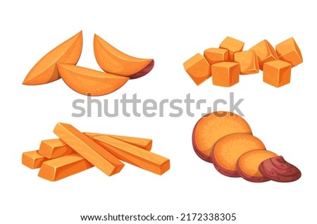 Sweet potato slices set, vegetable and food ingredient for cooking vector illustration. Cartoon isolated chopped pieces, wedges and cubes of yellow batat root, sliced raw potato tuber for frying