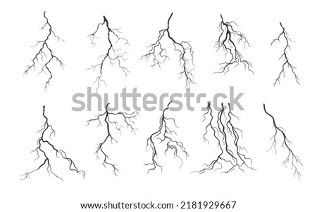 Lightning outline icons set, electric flash of power energy and thunderbolts vector illustration. Black thin line strikes of electricity with thunder and light effect in rain weather and thunderstorm