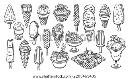Ice cream set, outline icons set vector illustration. Black line summer food, soft ice creamy balls of dessert in cup and waffle cone, hand drawn sketch of sweet chocolate and vanilla frozen sundae