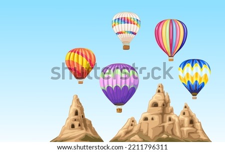 Hot air balloons fly over mountains of Cappadocia in Turkey vector illustration. Cartoon Turkish landscape with rocks and nature, romantic flight of balloons with color pattern and baskets in blue sky