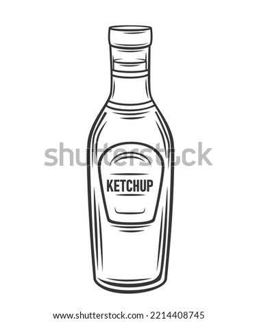 Ketchup sauce in bottle outline icon vector illustration. Line hand drawing tomato ketchup condiment for BBQ, seasoning and dressing in glass packaging with label and cap, hot food ingredient