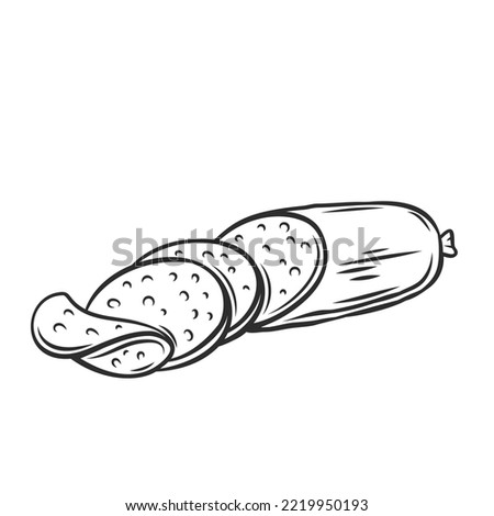 Salami sausage outline icon vector illustration. Line hand drawn slices and delicatessen pork roll, Italian chorizo or smoked German traditional sausage, food ingredient and butchers shop product