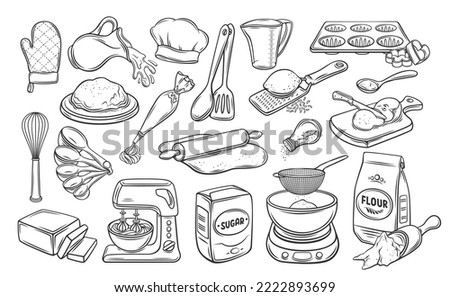 Bakery outline icons set vector illustration. Line hand drawn ingredients to bake and cook in kitchen, bakers tools to make dough and whipped cream cake, food and dessert preparation symbols