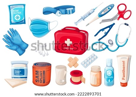 First aid kit set vector illustration. Cartoon isolated emergency medkit box collection with medical thermometer and pharmacy bottle with medicines and pills, adhesive bandage and medical tool kit