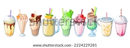 Milkshake set vector illustration. Cartoon isolated plastic or glass cups with milk drink, straw and sweet food, cocktail dessert with chocolate and caramel sauces, matcha tea and mango fruit