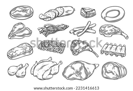Meat products outline icons set vector illustration. Line hand drawn meat butchers menu collection with ham and smoked sausages, raw beef and pork steak, whole turkey and chicken for cooking