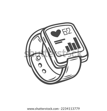Smart watch line icon vector illustration. Hand drawn outline wearable wrist watch bracelet with wristband and tracker monitoring quality of sleep and relax, heartbeats during sports training